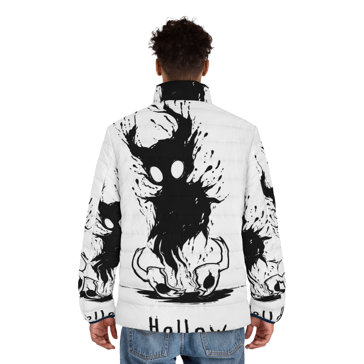 Hollow Knight inspired puffer jacket featuring the game's iconic hollow design - men back