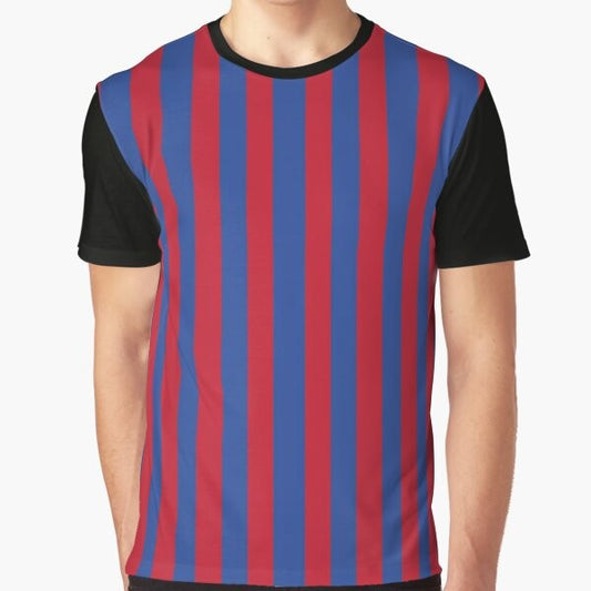 Red and blue striped sports graphic t-shirt