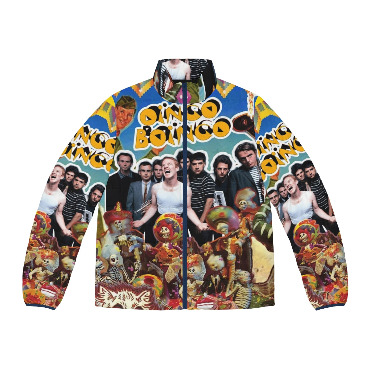 Oingo Boingo Puffer Jacket featuring the band's iconic logo and retro 80s new wave style