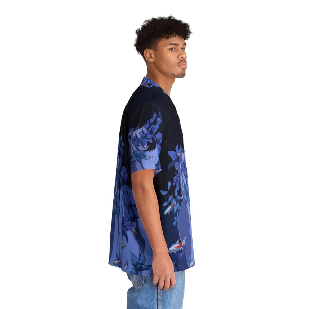 Retro blue Hawaiian shirt with anime-inspired cartoon design - People Pight