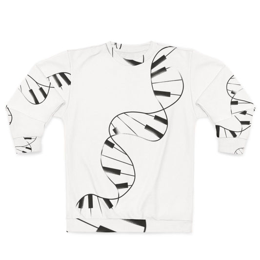 DNA Piano Sweatshirt featuring music notes, genes, and a melody