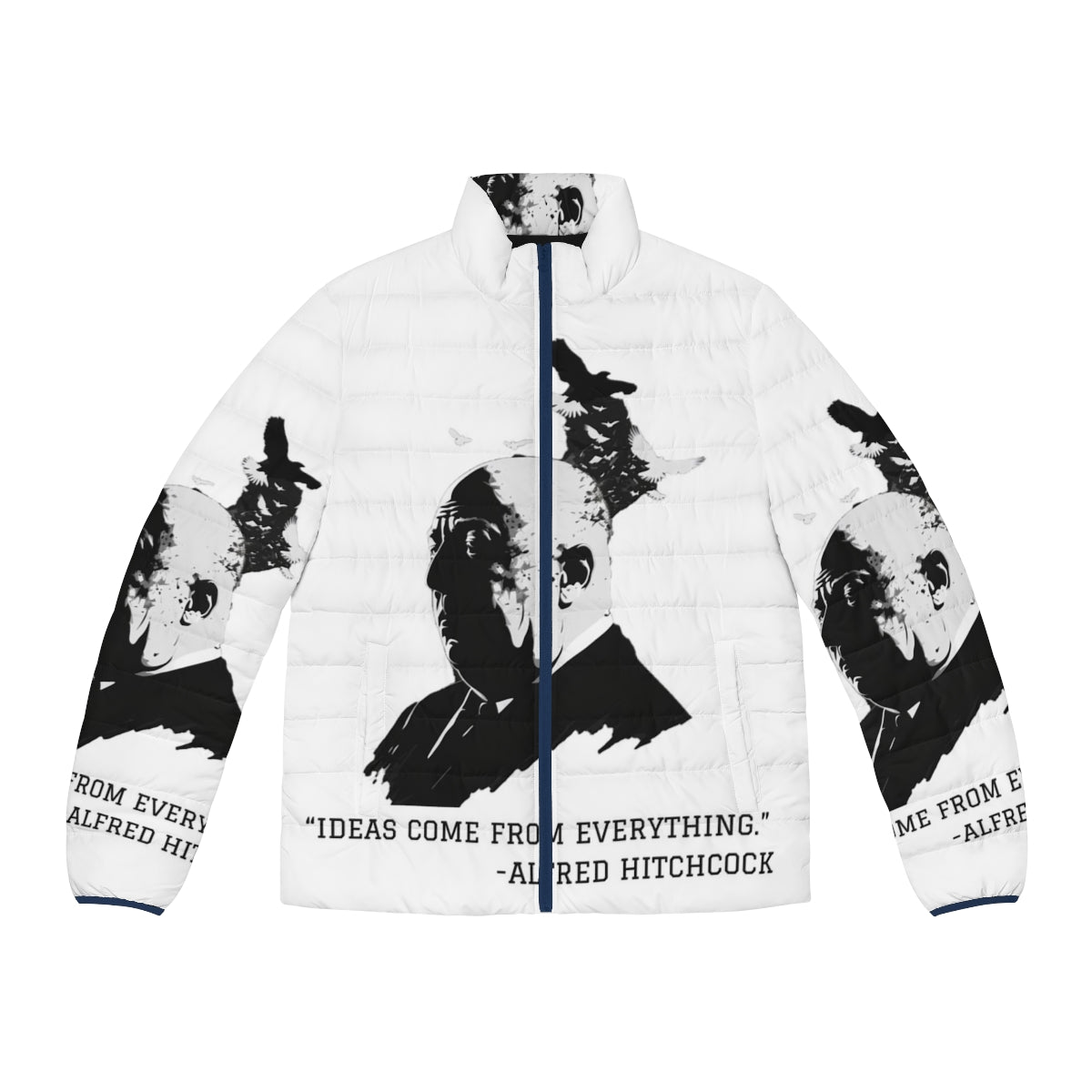 Alfred Hitchcock inspired puffer jacket with iconic illustration graphic