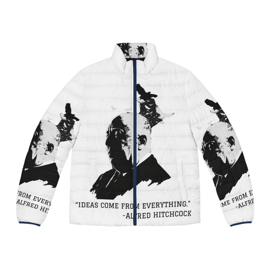 Alfred Hitchcock inspired puffer jacket with iconic illustration graphic