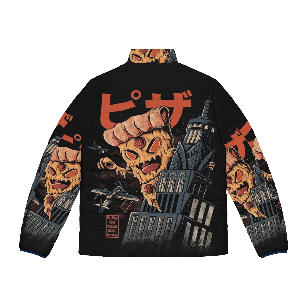 Retro Pizza Kong Puffer Jacket with Japanese Kaiju and Monster Inspired Design - Back