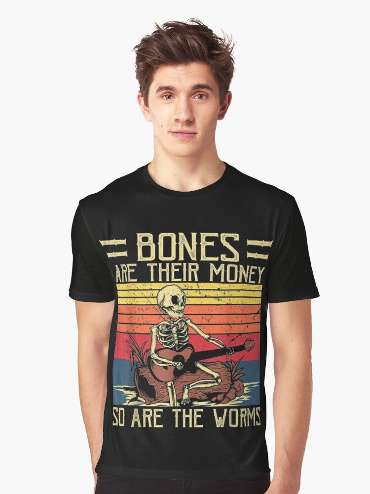 Retro graphic t-shirt featuring a skeleton playing guitar with the text "I Think You Should Leave with Tim Robinson" - Men