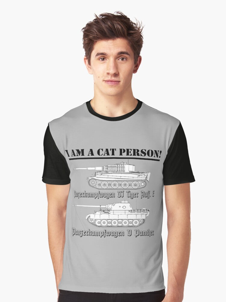 Graphic t-shirt with "I Am A Cat Person" design and tank/military imagery - Men