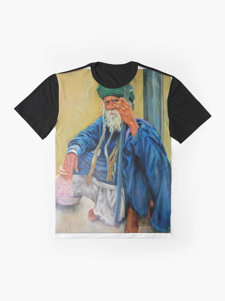 Graphic t-shirt featuring a captivating portrait of an Indian man - Flat lay