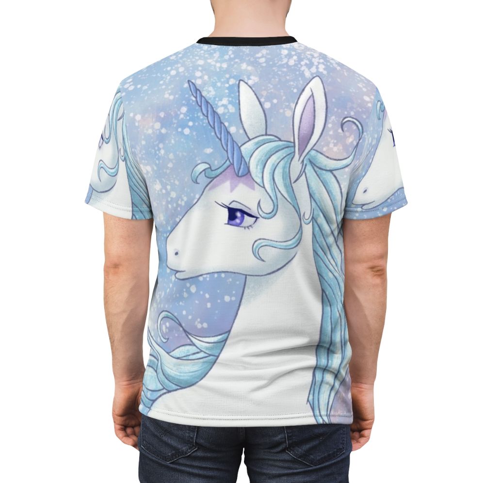 Detailed illustration of the unicorn Amalthea from the classic fantasy film The Last Unicorn, with pastel blue and white colors. - men back