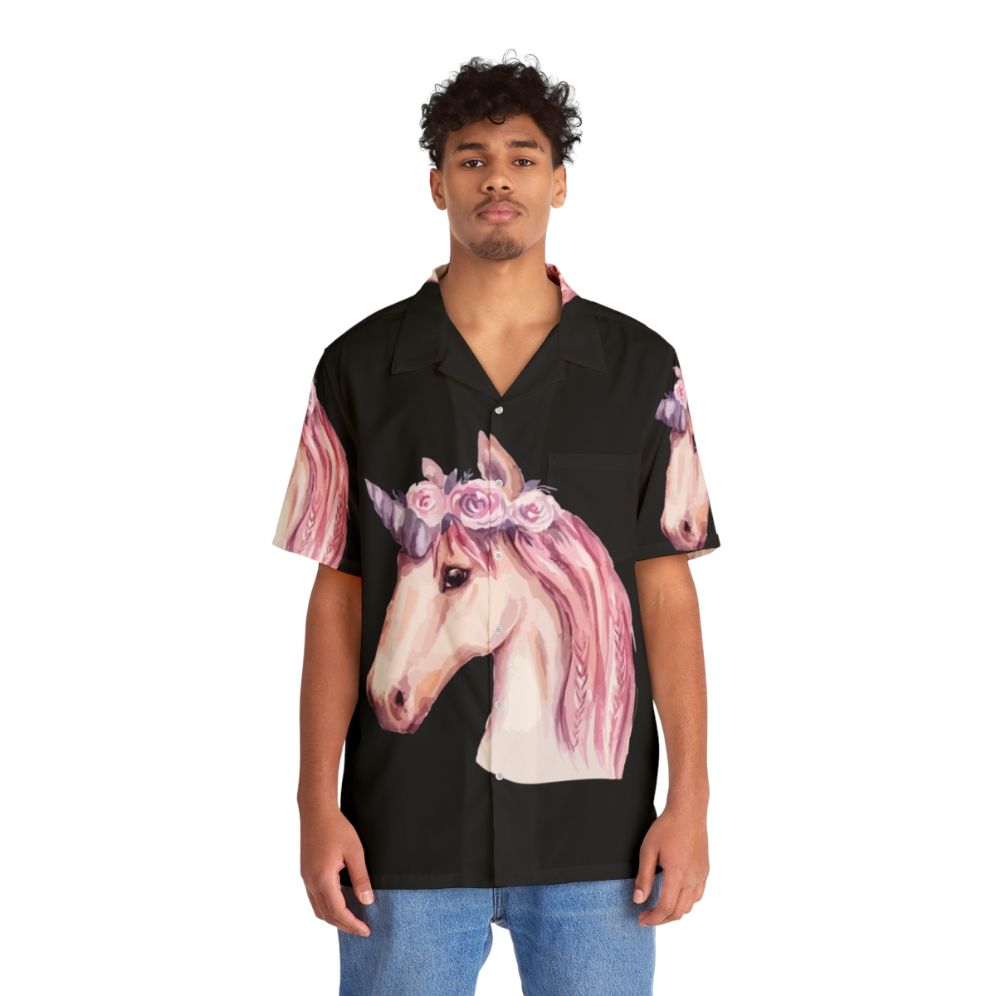 Watercolor pink unicorn Hawaiian shirt - People Front