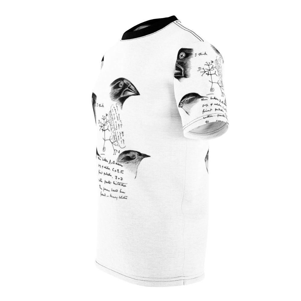 T-shirt featuring an all-over print design of Darwin's finches, a key element in the theory of evolution. - men left