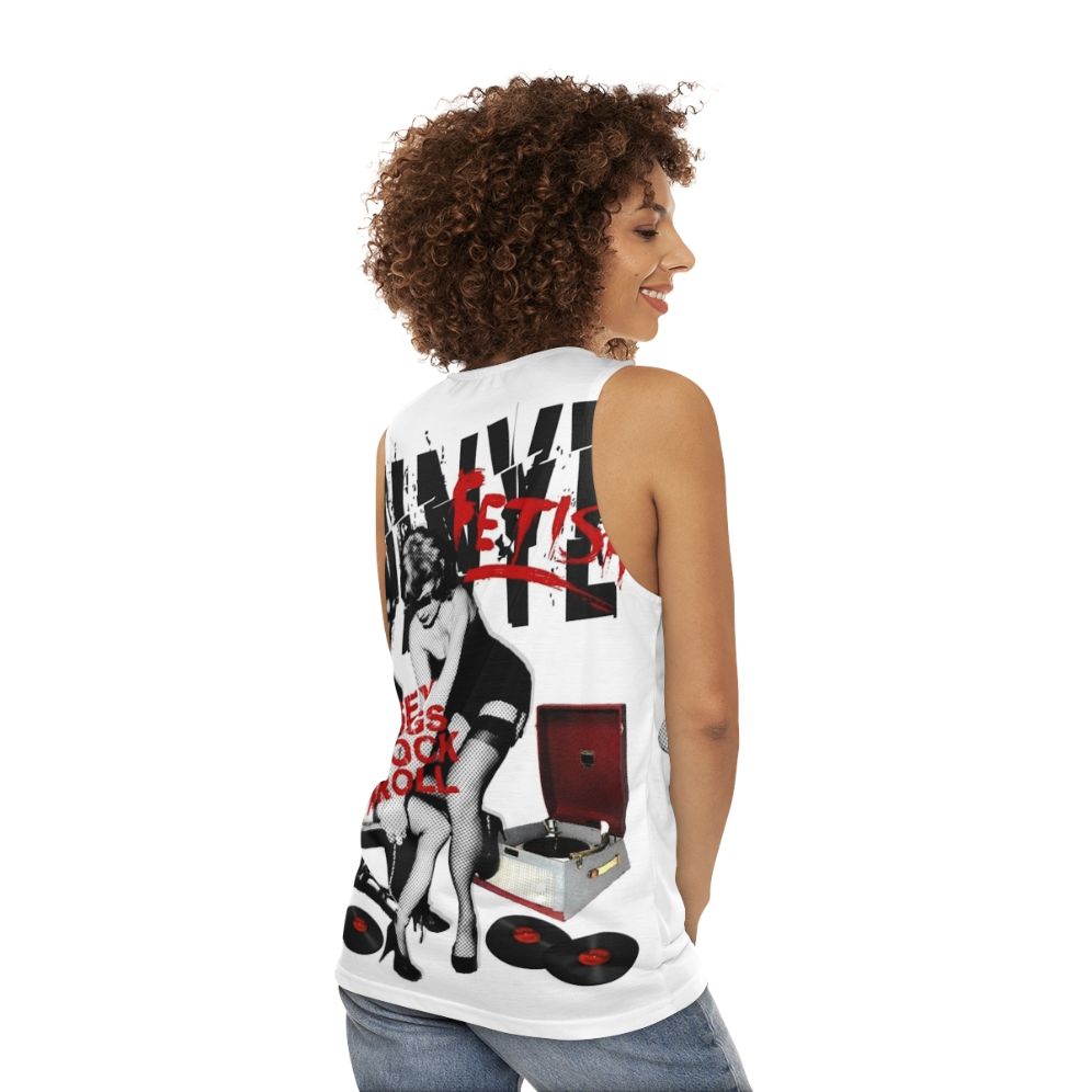 Retro unisex tank top with vinyl fetish graphic - women back