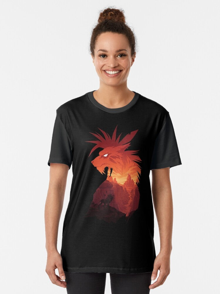 A black t-shirt with a graphic design featuring Final Fantasy's Red XIII character. - Women