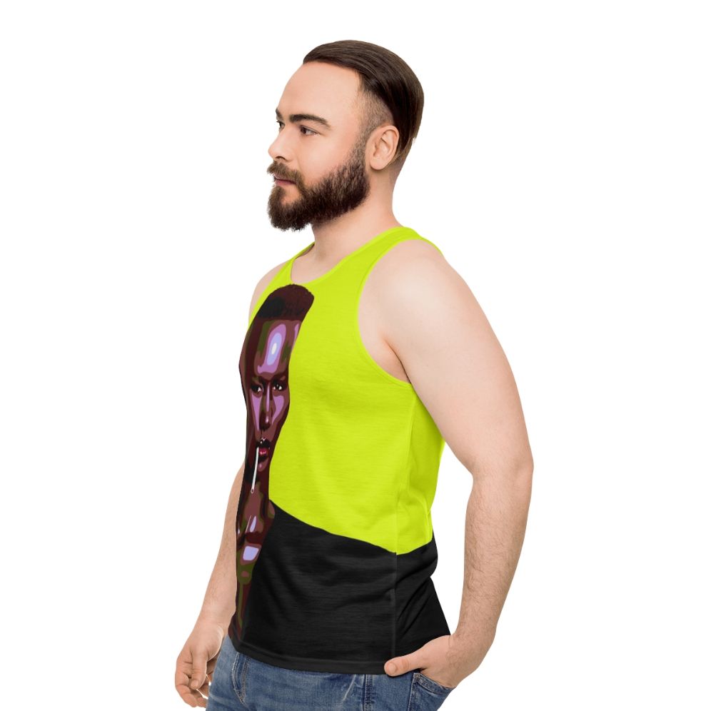 Iconic 80s leatherette tank top with stylized pop art portrait - men side