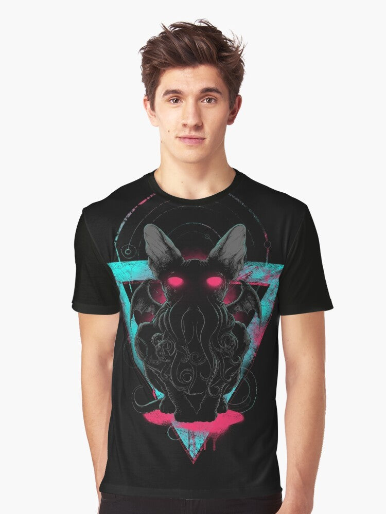 Surreal Cathulhu II graphic t-shirt featuring a cat-like creature with octopus tentacles against a grunge background. - Men