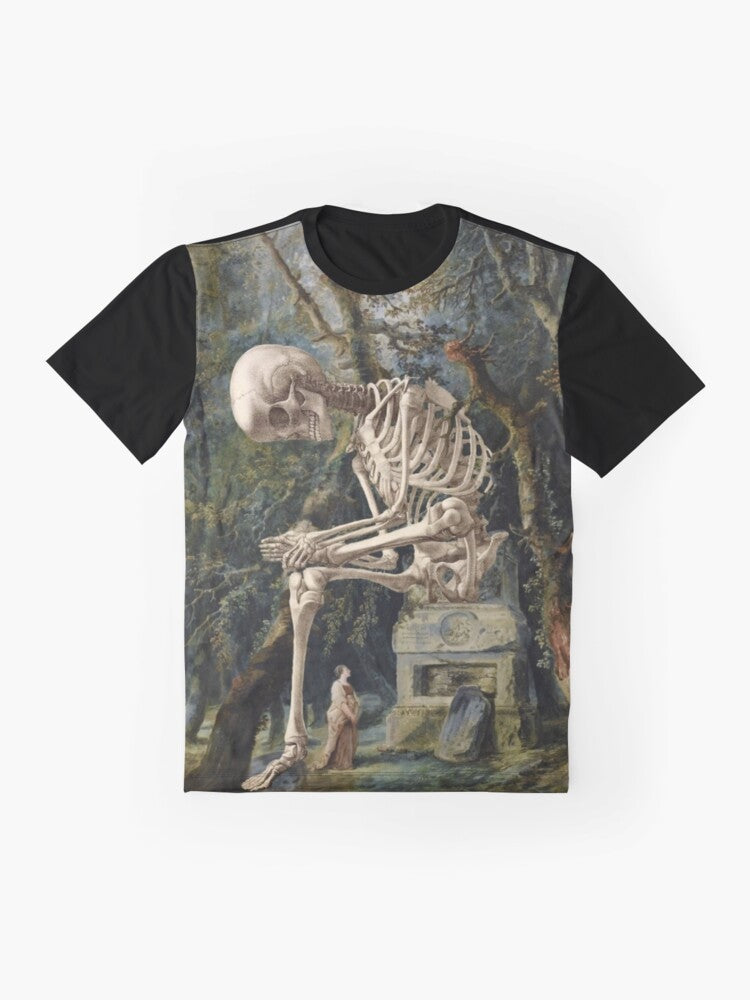 Surreal portrait graphic t-shirt design featuring a surreal, pop surrealist illustration with a skull or skeleton motif. - Flat lay