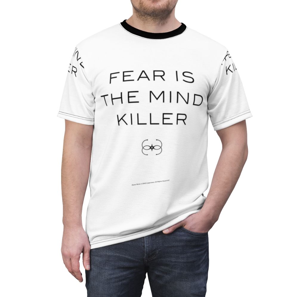 Dune-inspired "Fear Is The Mind Killer" science fiction t-shirt design - men front