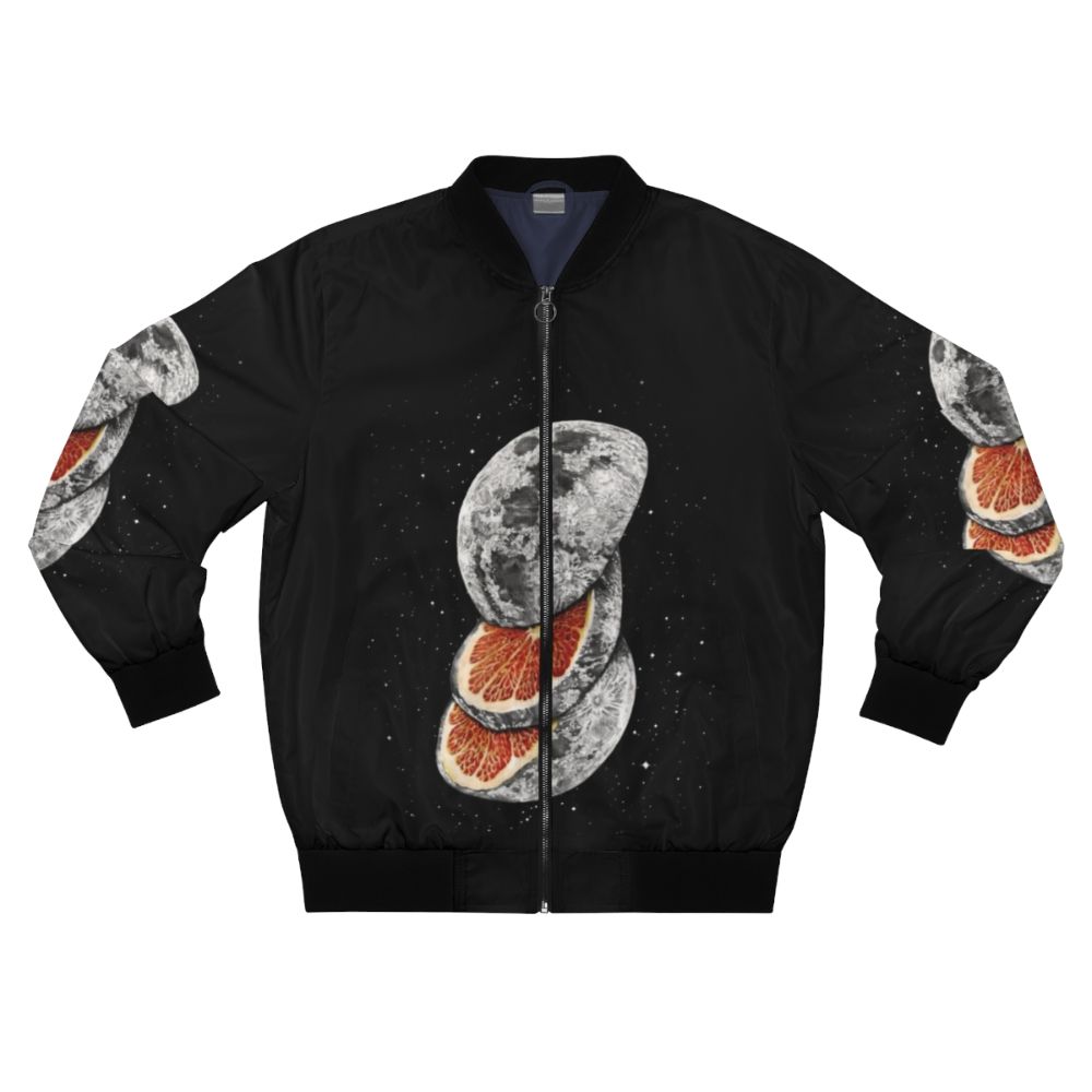 A unique bomber jacket featuring a surreal print of a moon and space-themed fruit design