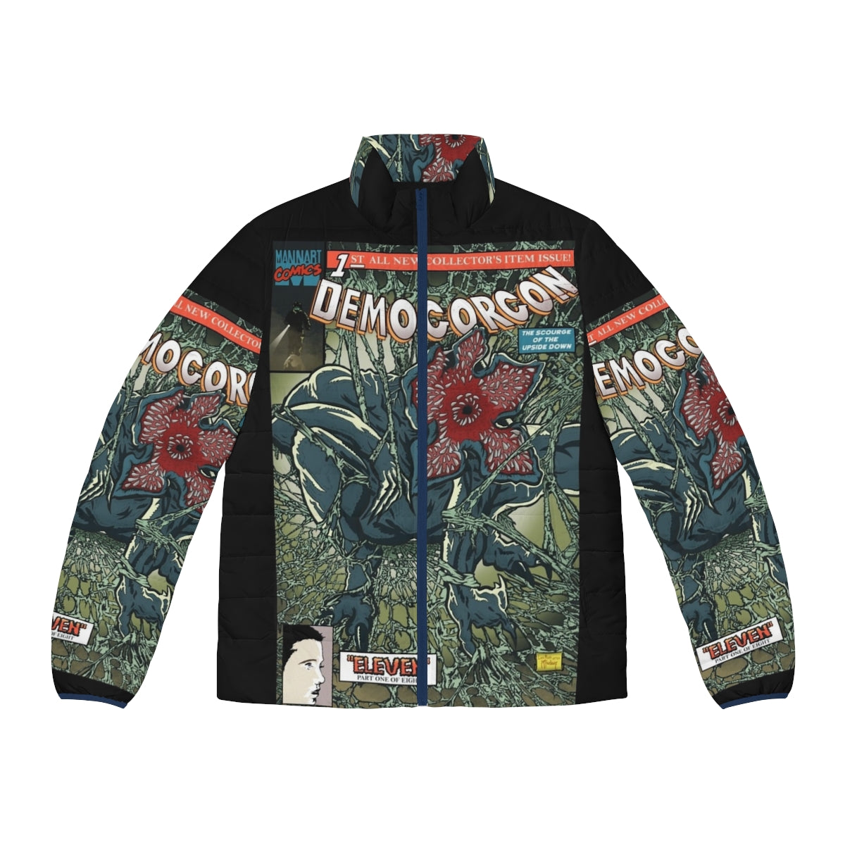 Demogorgon Puffer Jacket featuring Stranger Things-inspired design with spiderwebs and interdimensional elements