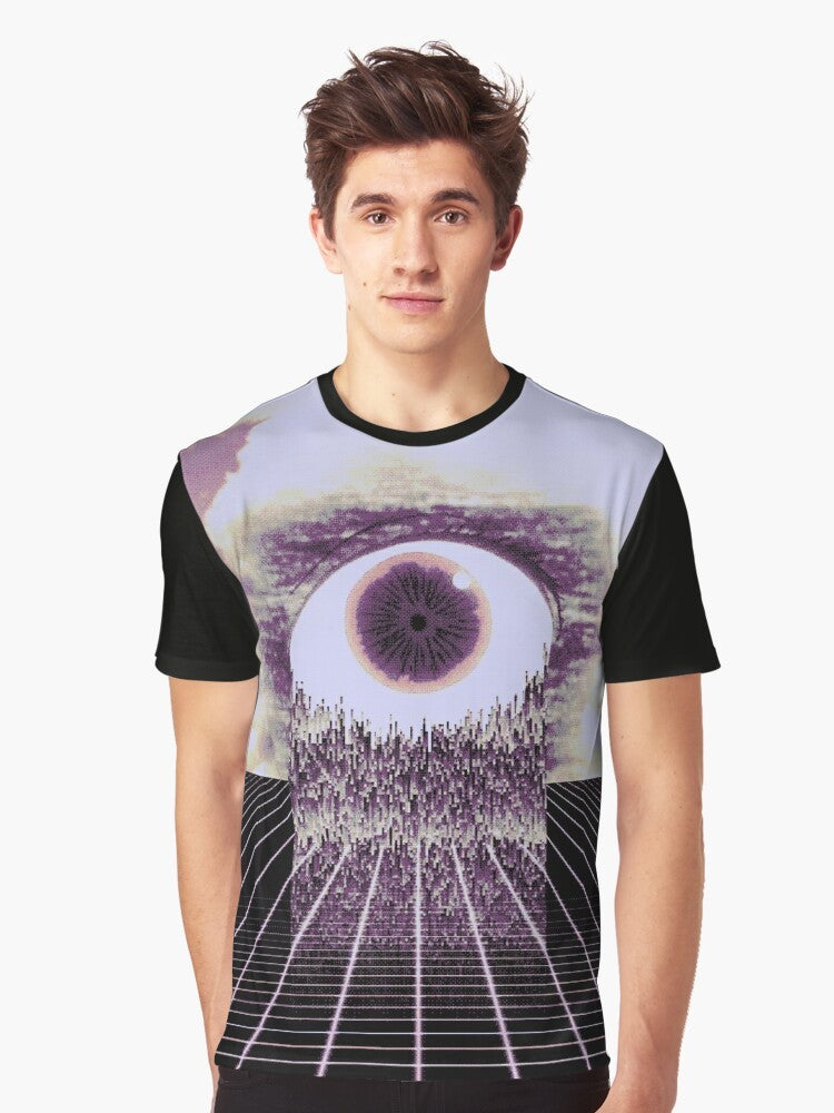 "Virtual Emptiness" surreal glitch art t-shirt featuring a distorted, pixelated eye against a wired, cloud-filled sky background - Men