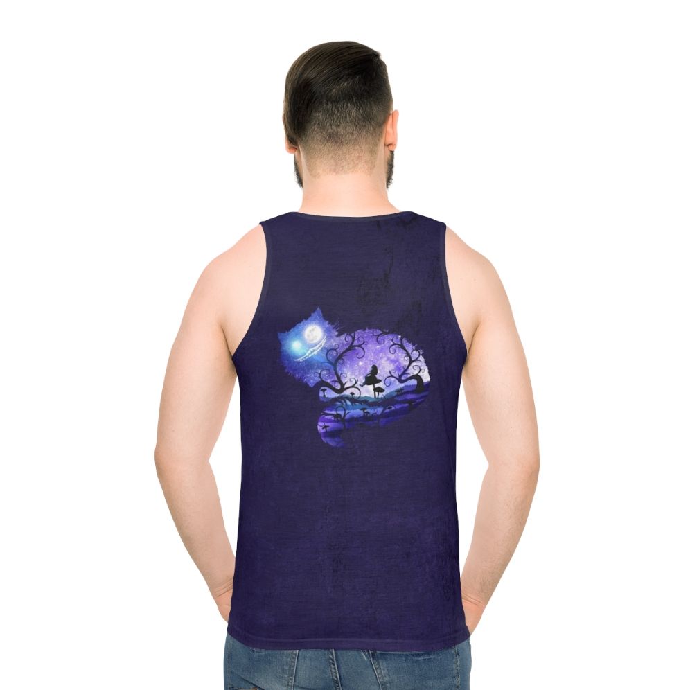 Whimsical unisex tank top with 'We Are All Mad Here' design featuring Alice in Wonderland's Cheshire Cat and night sky - men back