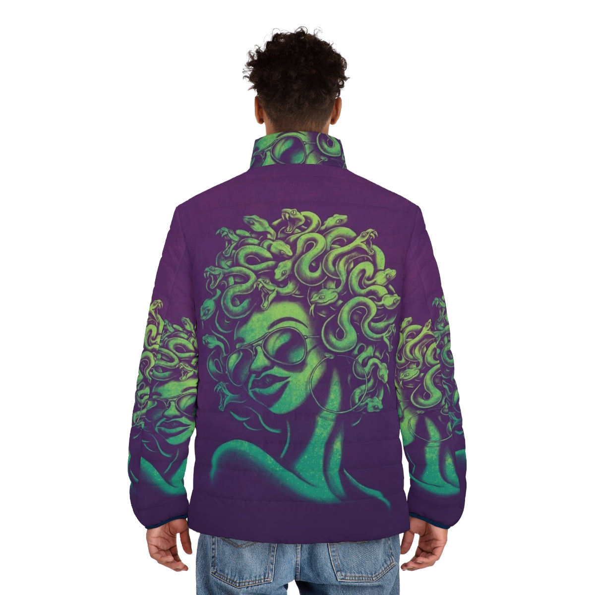 Funky Medusa puffer jacket with unique, mythical design - men back