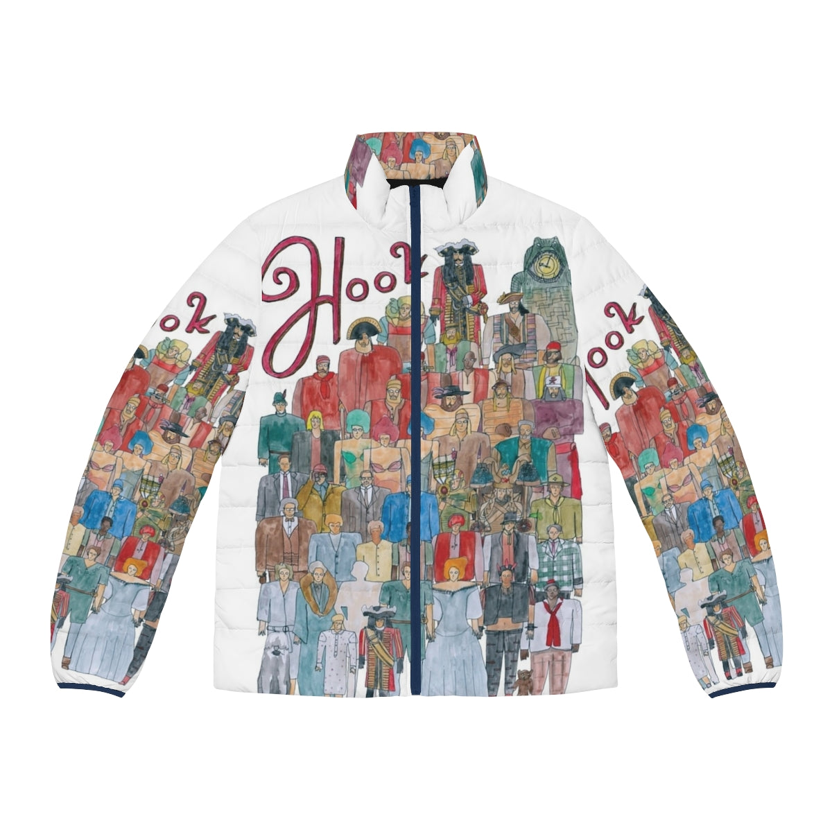 Hook Team Illustration Puffer Jacket featuring characters from the Peter Pan movie