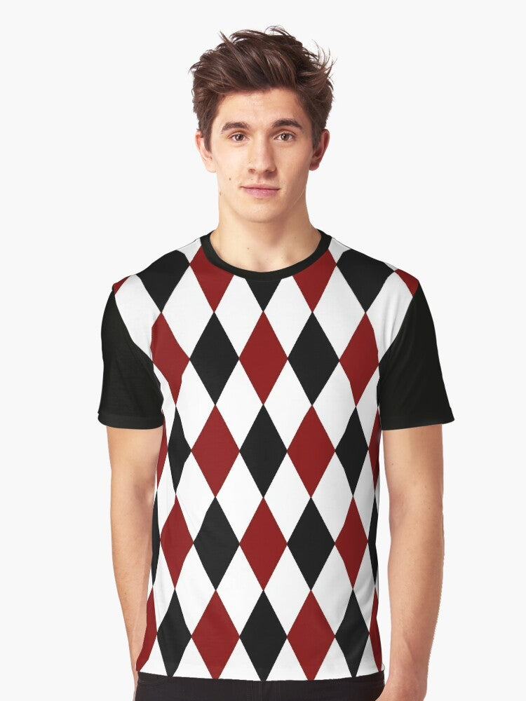 A black, white, and red harlequin or diamond pattern graphic t-shirt - Men