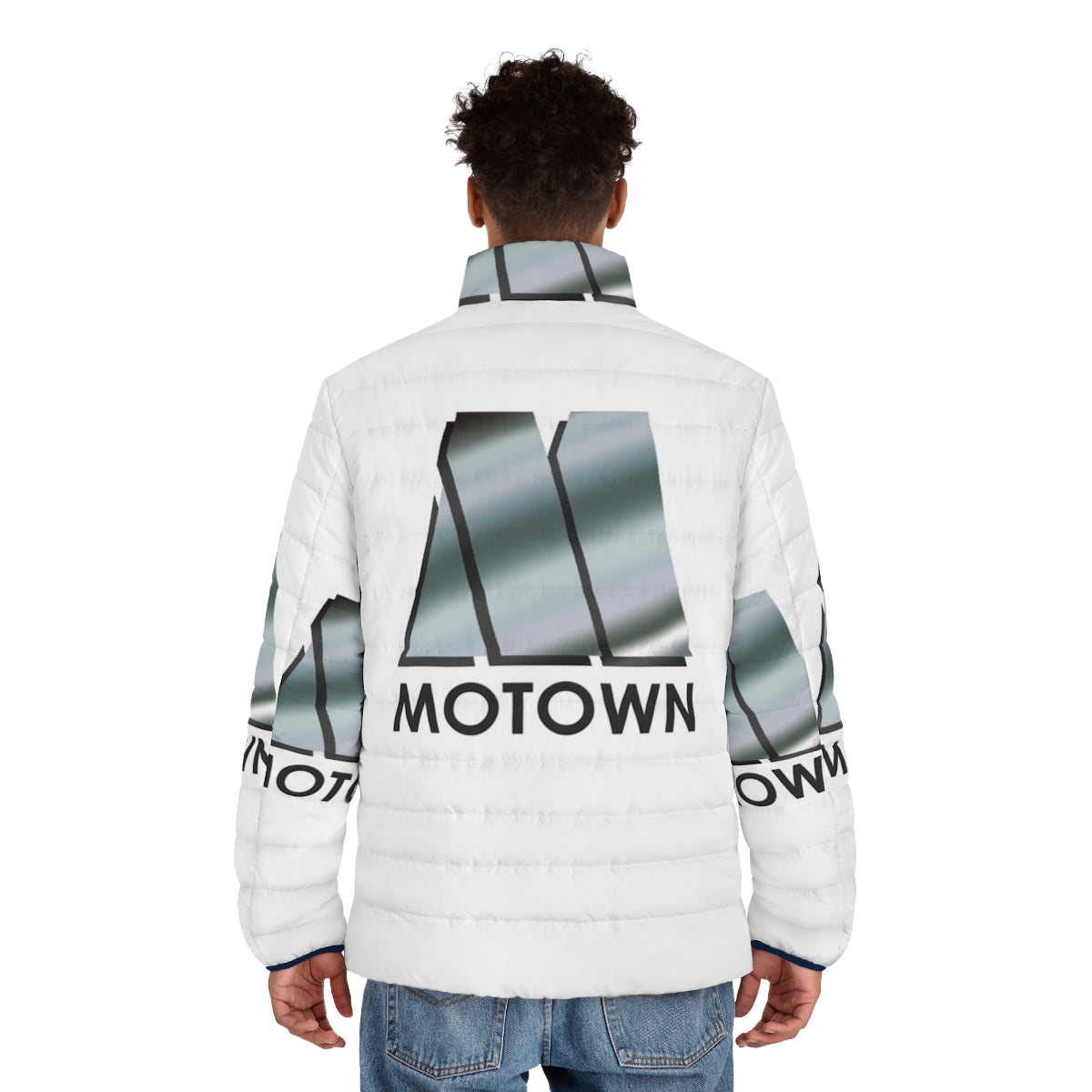 Motown retro 80s puffer jacket with classic music label design - men back