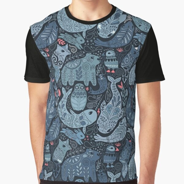 Colorful graphic t-shirt design featuring cute arctic animals like narwhal, polar bear, and whale.