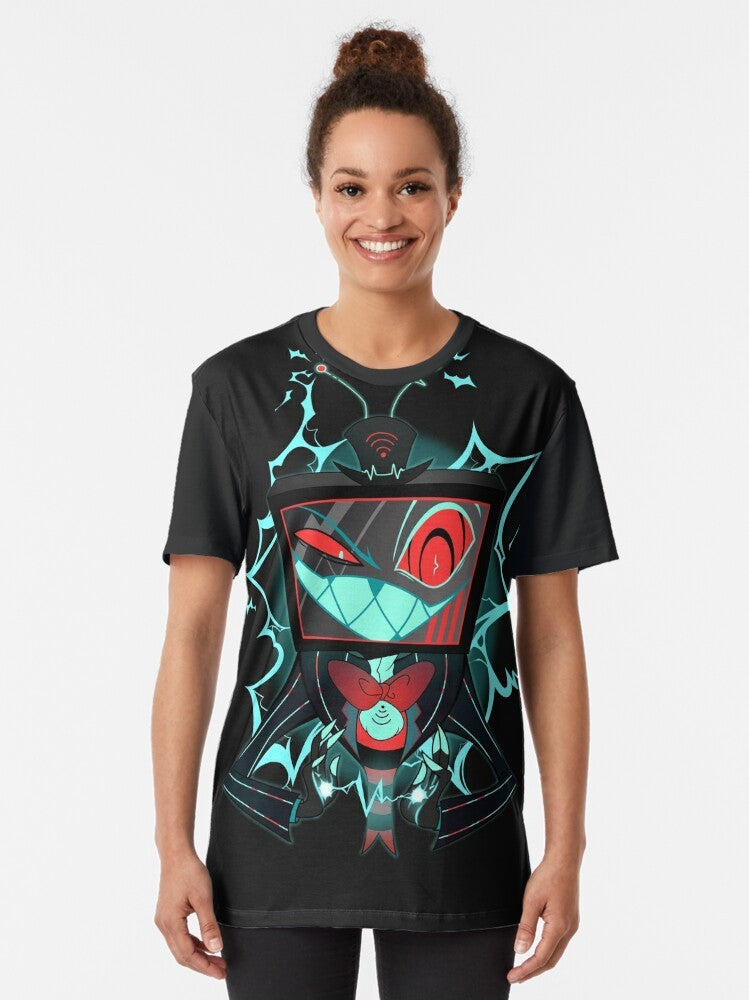 Vox Graphic T-Shirt featuring a hellish TV demon design inspired by the Hazbin Hotel animated series - Women