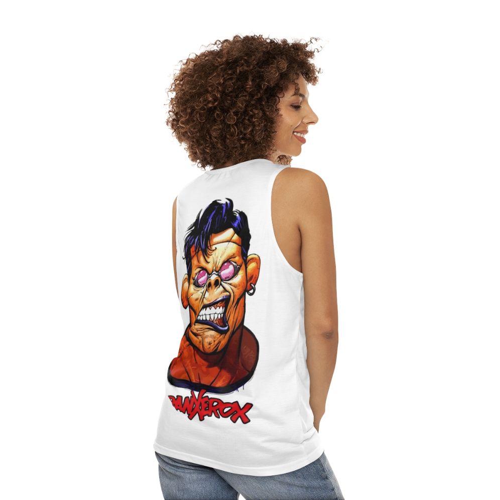 Ranxerox comic book character head design on unisex tank top - women back