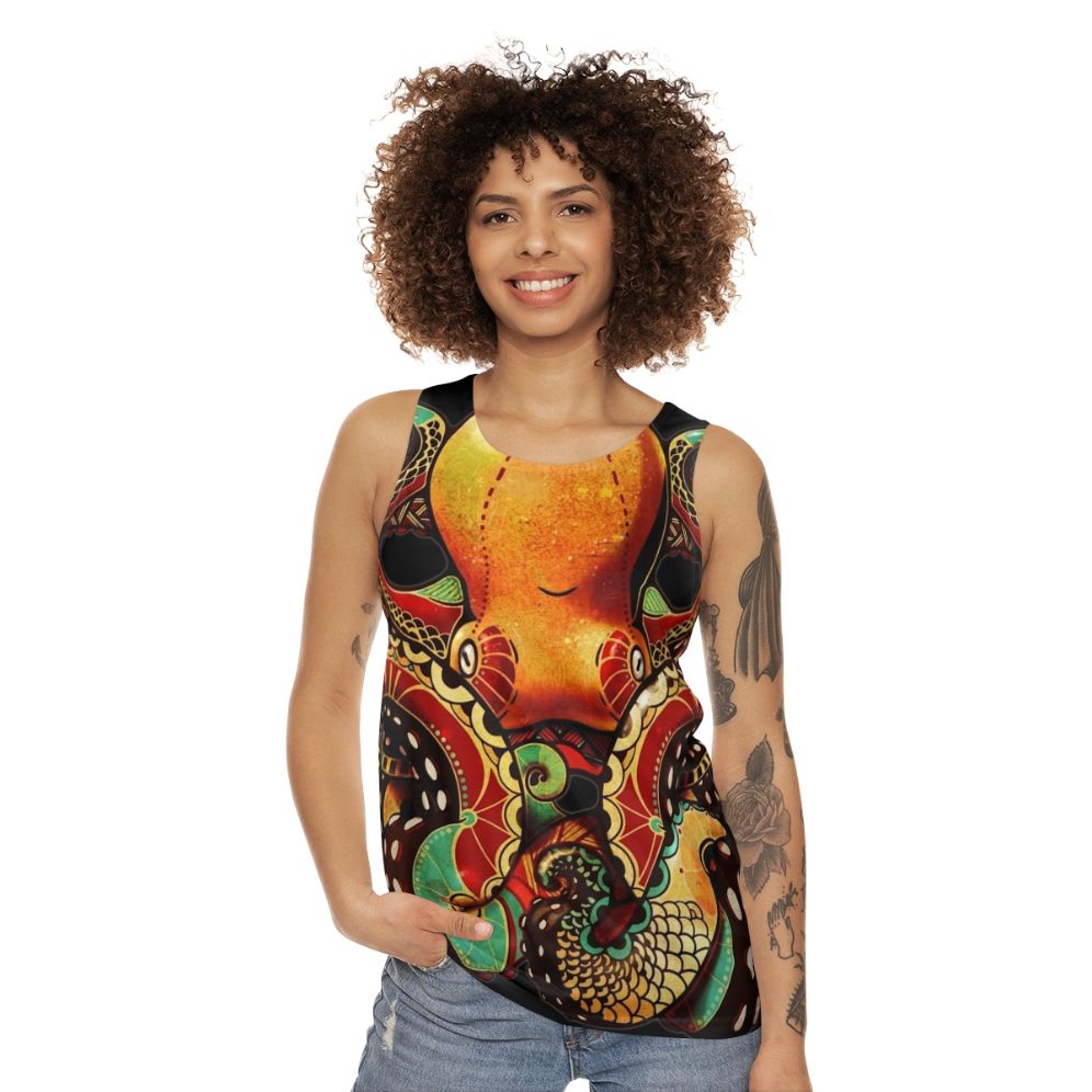 Unisex octopus tank top with nautical and tribal design - women