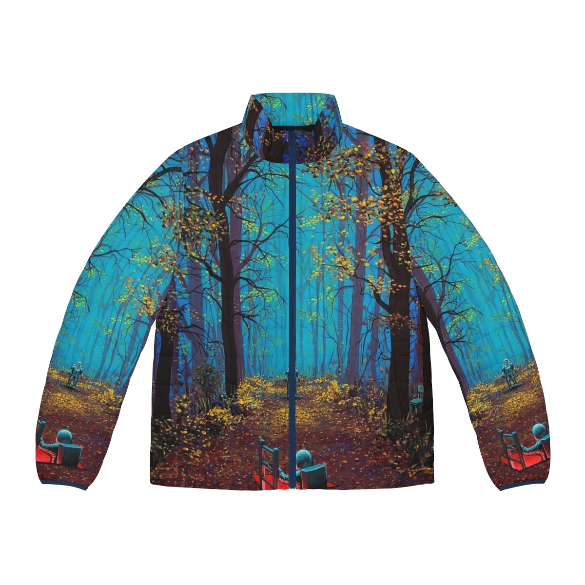 Puffer jacket featuring a space-themed, surreal, and psychedelic design