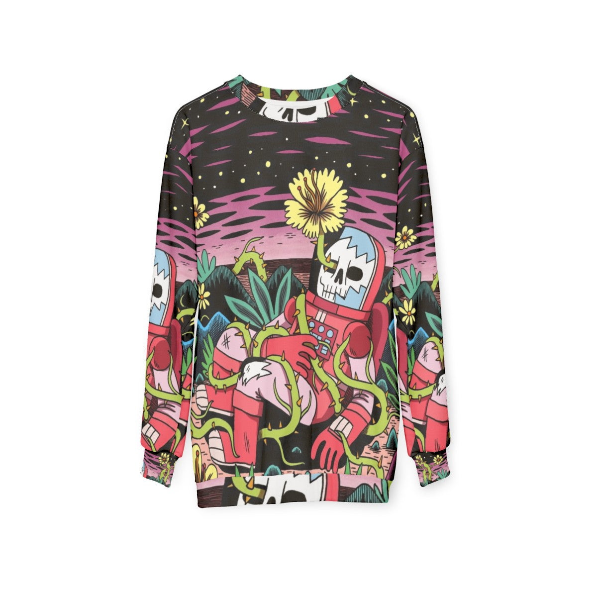 Flower pattern sweatshirt with cosmic, space-inspired design - hanging