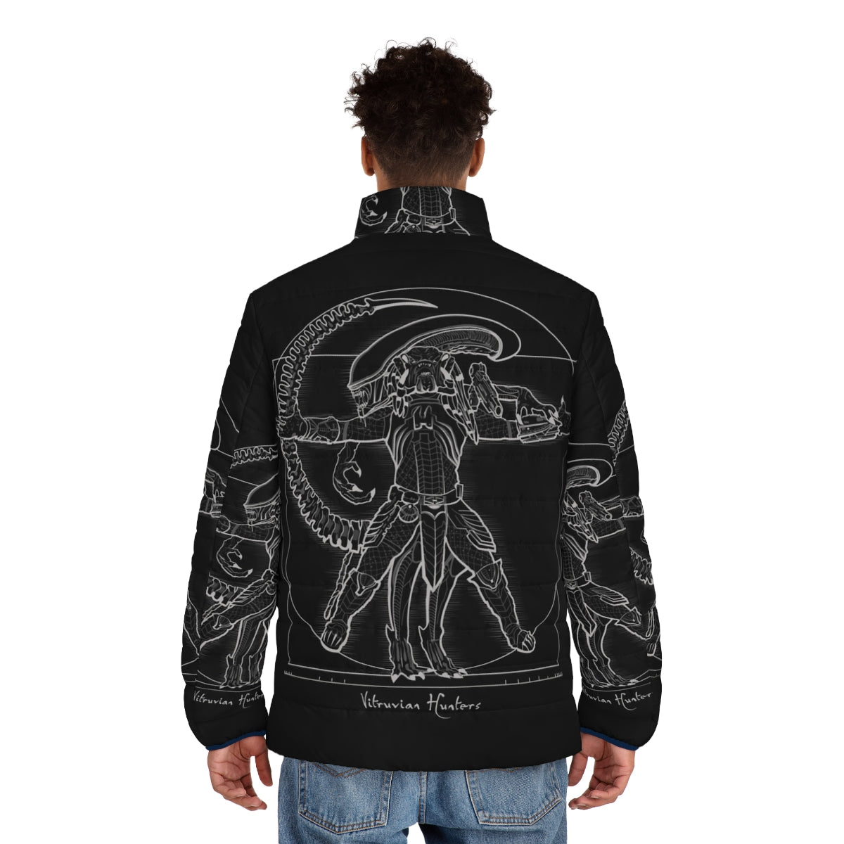 Vitruvian Hunters Negative Puffer Jacket featuring sci-fi inspired designs and references to classic movies - men back