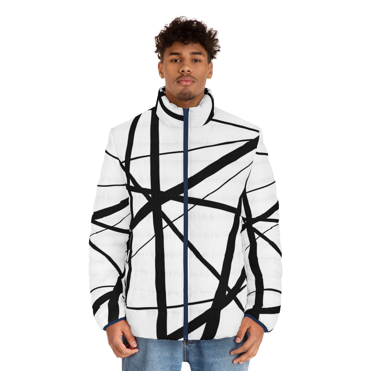 Geometric black and white puffer jacket with abstract line art design - men front