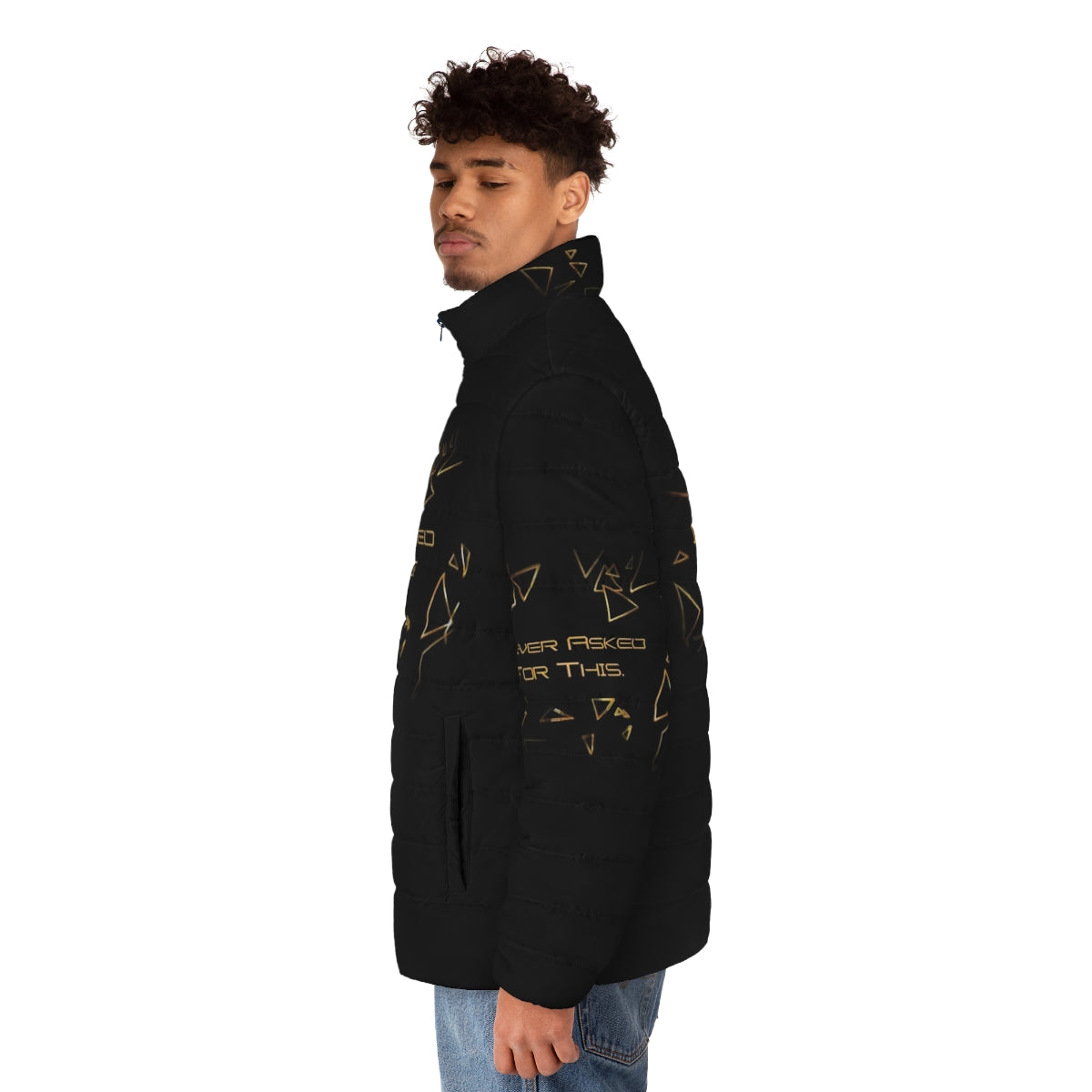 Deus Ex Puffer Jacket featuring the iconic "I Never Asked For This" game quote - men side left