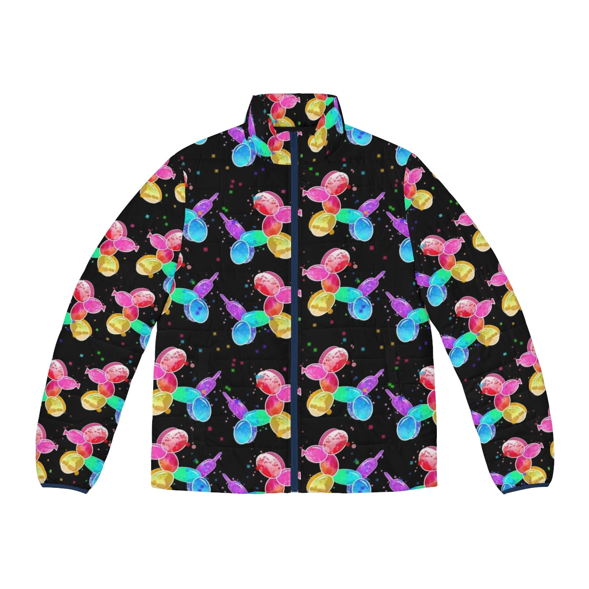 Puffer jacket featuring colorful watercolor balloon dog graphic