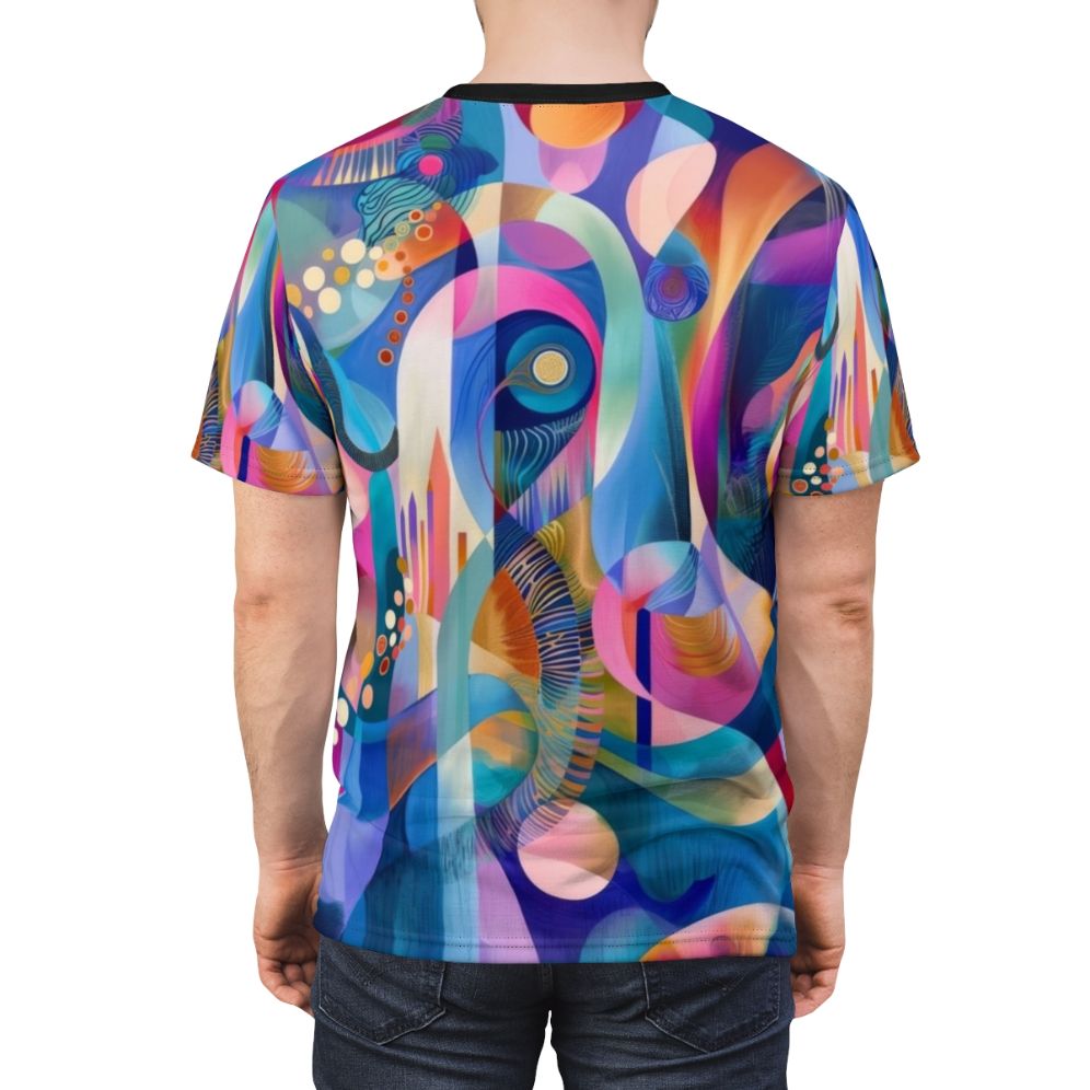 Vibrant abstract geometric design t-shirt with bold, colourful patterns inspired by modern art - men back