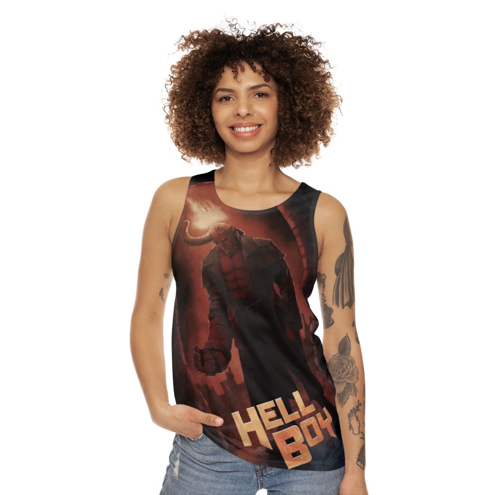 Hellboy fan art graphic on unisex tank top - women