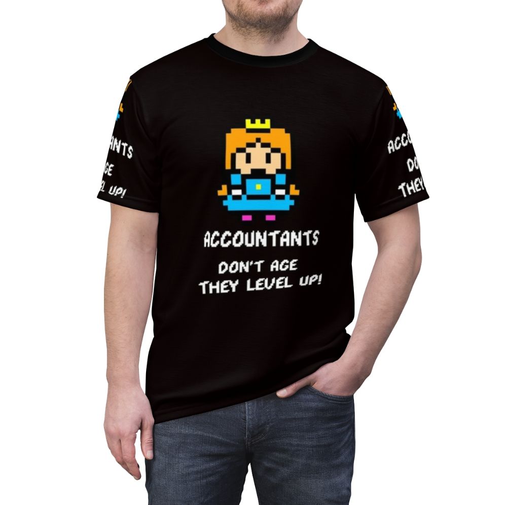 Accountant 8-bit gaming T-shirt with "Accountants Don't Age, They Level Up" design - men front