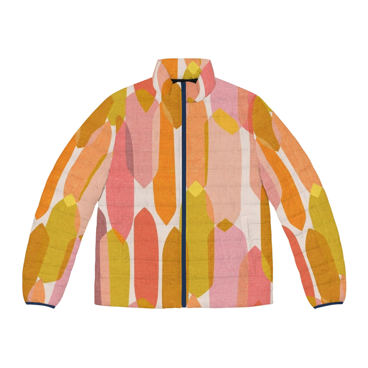 Colourful mid-century inspired puffer jacket with abstract geometric droplet print