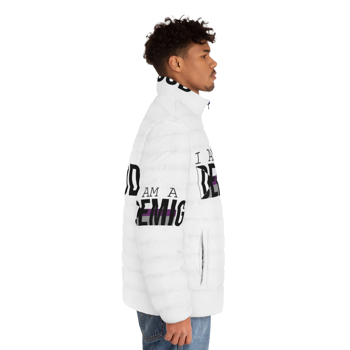 Demisexual Pride Puffer Jacket with LGBTQ+ symbols and quotes - men side right