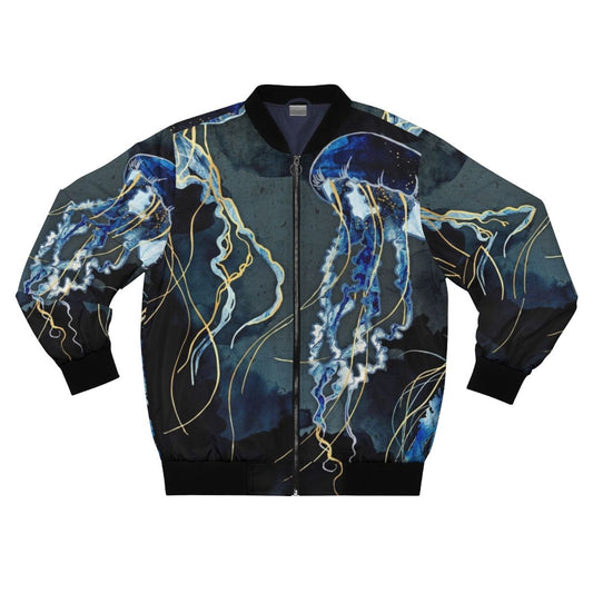 Metallic Ocean Abstract Bomber Jacket with fluid, organic patterns in shades of blue, gold, and white.