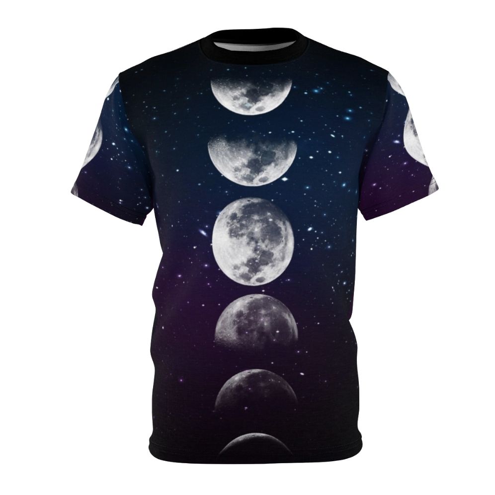 Unisex t-shirt featuring a watercolor design with the phases of the moon and a cosmic, space-inspired aesthetic.