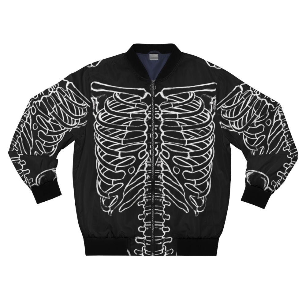 A black bomber jacket featuring a skeleton rib cage design, perfect for a dark and spooky Halloween look.