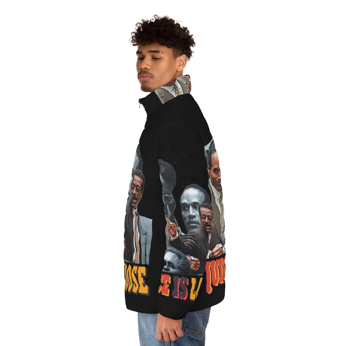 Juice Is Loose vintage 90s puffer jacket featuring OJ Simpson Ford Bronco design - men side left