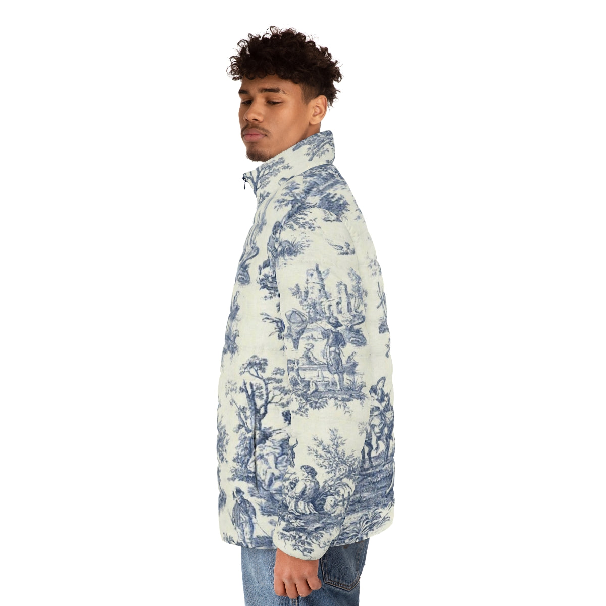 Powder blue puffer jacket with vintage French toile and floral designs - men side left