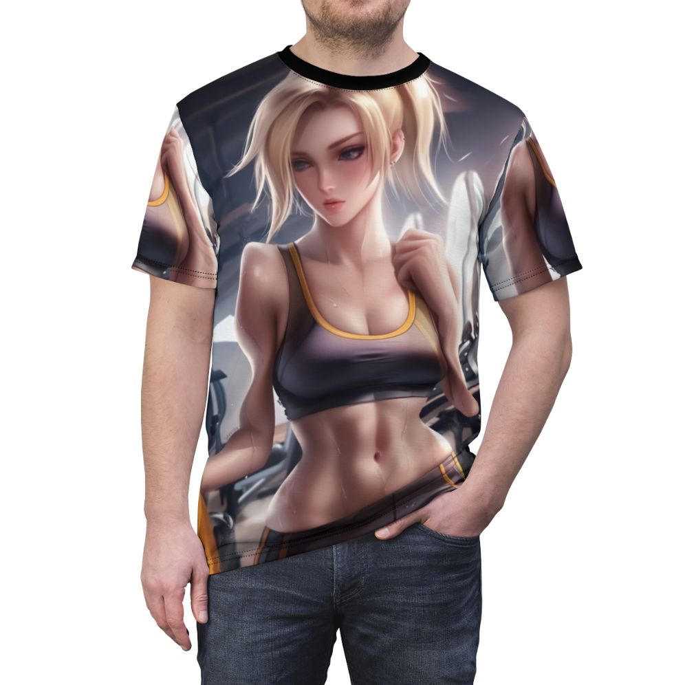 Stylish t-shirt featuring a female anime character in athletic gear for the gym or workout. - men front