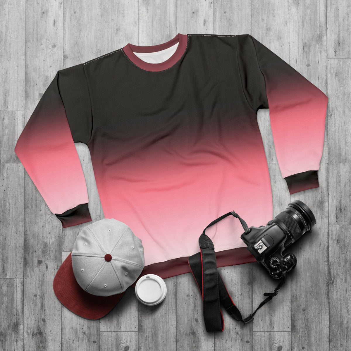 Ombre dip dye black pink white gradient pattern sweatshirt - flat lay